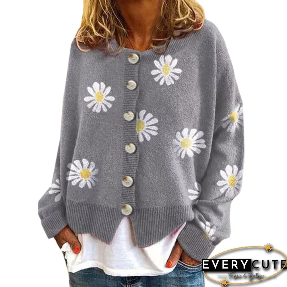 Gray Daisy Print Loose Style Knit Cardigan