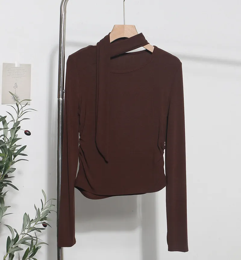 Churchf Ribbon Scarf Hanging Neck Long-Sleeved T-Shirt Girl 2024 Autumn Slim Thin Folded Bottom Shirt 1630