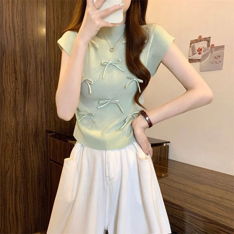 Uveng Uveng Wind Gentle Niche Bow High-Neck Short Sleeve New T-Shirt Summer Slimming Short Blouses Ins