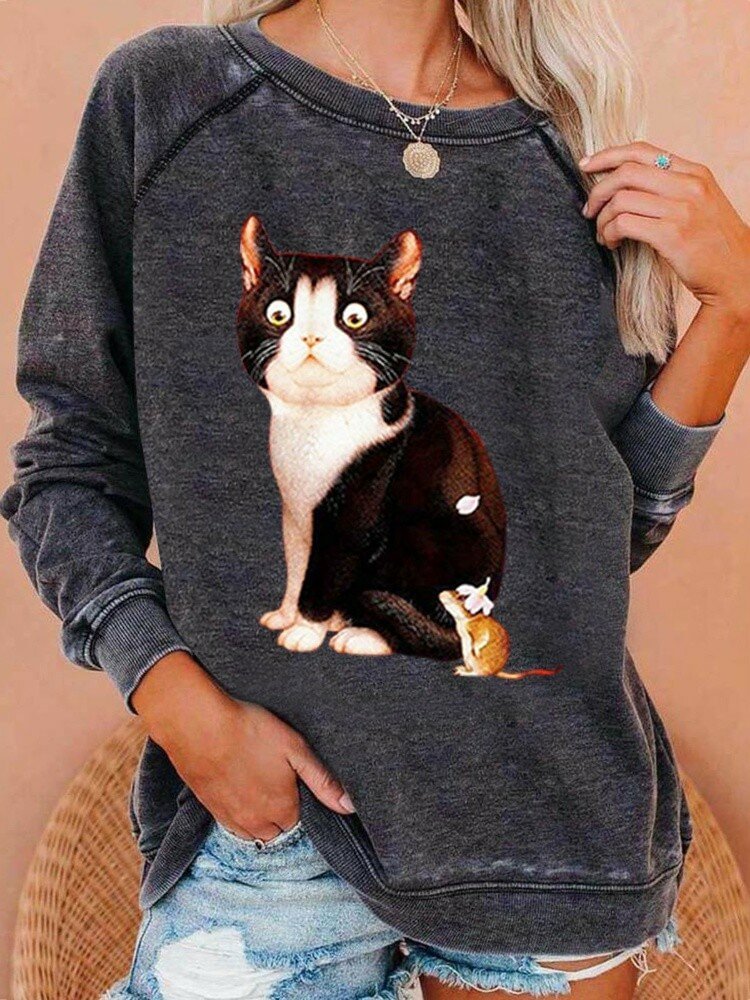 Cute Cartoon Cat Print O neck Long Sleeve Casual T shirt for Women P1797885