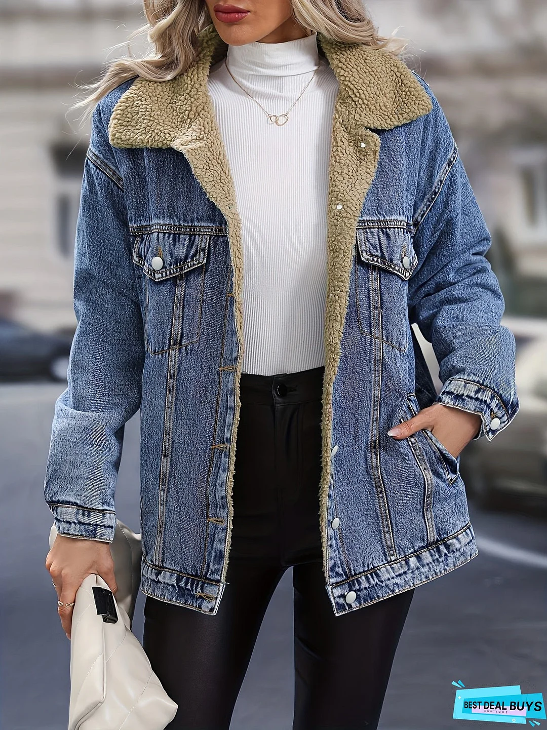 Fleece Lined Single-breasted Long Sleeve Denim Jacket Lapel Slash Pocket Comfy Warm Winter Denim Coat, Women's Denim Jeans & Clothing