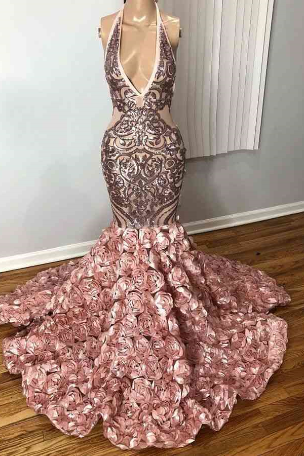 Bellasprom Pink Sleeveless Deep V-Neck Halter Mermaid Prom Dress With Flowers Bottom Bellasprom