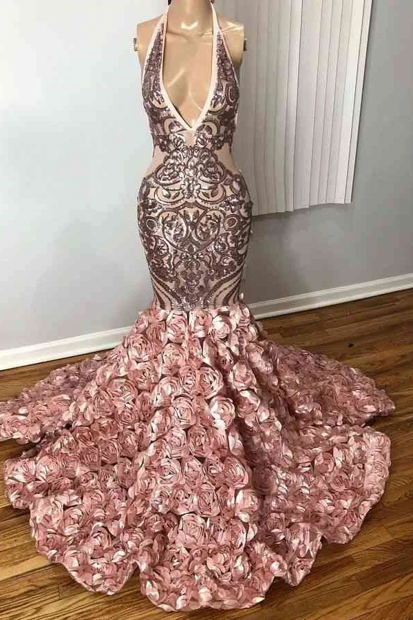 Bellasprom Pink Sleeveless Deep V-Neck Halter Mermaid Prom Dress With Flowers Bottom
