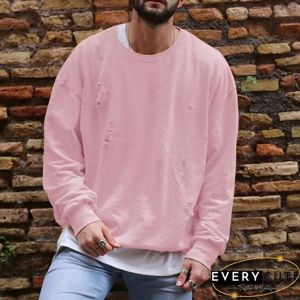 Men Fashion Hole Decorate Casual Loose Hoodies Pure Color Long Sleeve O Neck Sweatshirts Streetwear Tracksuits