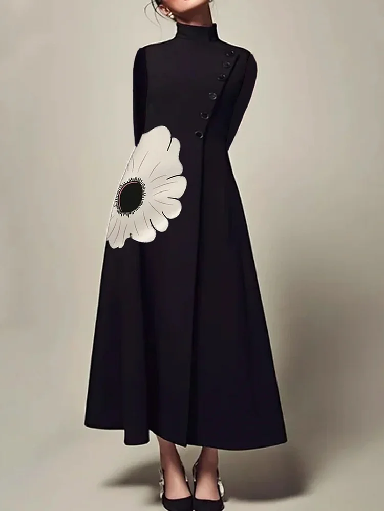 Elegant High Neck Flower Pattern Tunic Single Breasted Maxi Dress