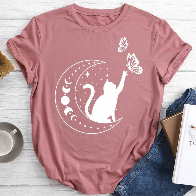 Moon Cat Butterfly Round Neck T-shirt-0019340
