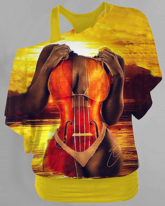 Black Women Guitar Art Double Layer 2 Pieces Loose Top T-shirt