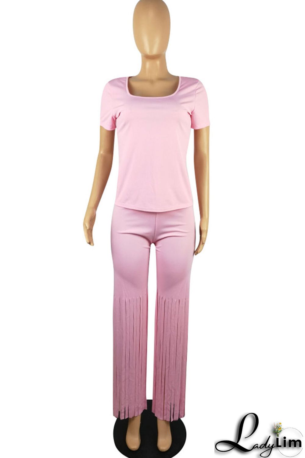 Pink Casual Solid Tassel Split Joint U Neck Short Sleeve Two Pieces