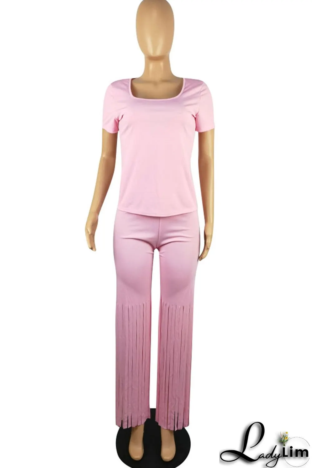 Pink Casual Solid Tassel Split Joint U Neck Short Sleeve Two Pieces