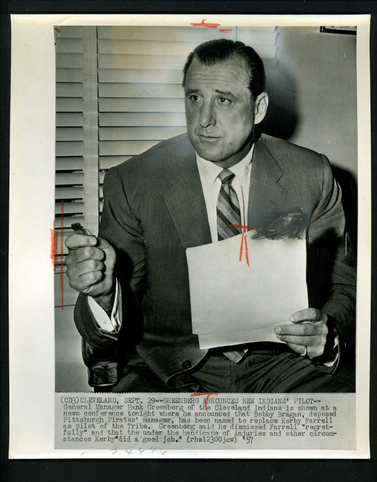 Hank Greenberg names Bobby Bragan manager 1957 Press Photo Poster painting Cleveland Indians