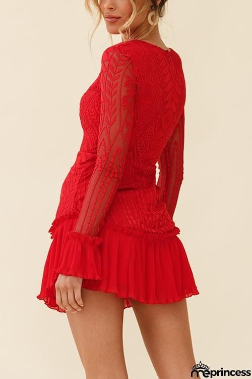 Lace Pleated Long Sleeve Ruffle Dress