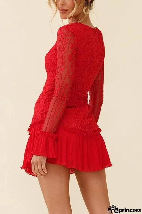 Lace Pleated Long Sleeve Ruffle Dress