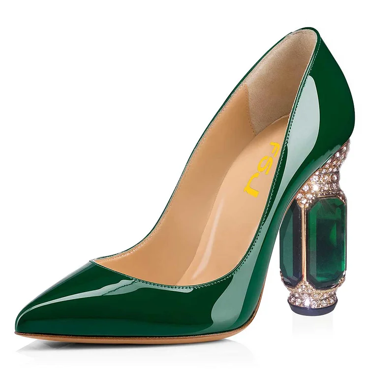 Green Patent Leather Office Heels Rhinestone Chunky Heel Pumps |FSJ Shoes