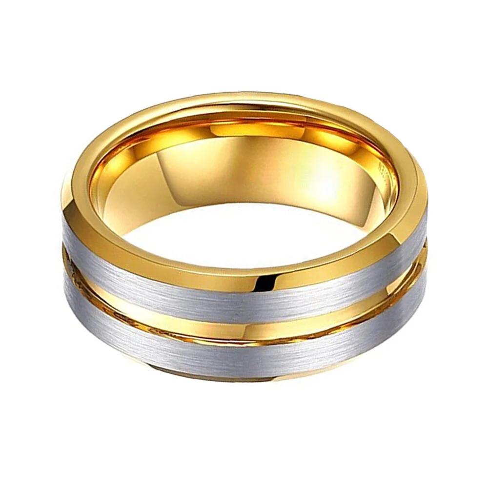 8mm Silver Brushed Surface Tungsten Ring Gold Grooved Wedding Bands