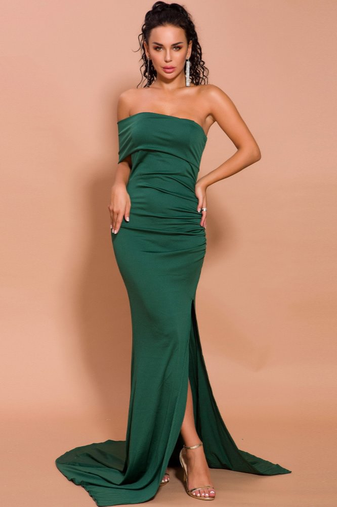 Elegant Green Mermaid Prom Dress Long Off-the-Shoulder Evening Gowns With Slit - lulusllly