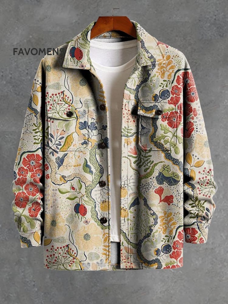 Vintage Art Flowers Print Casual Jacket Multicolor / S