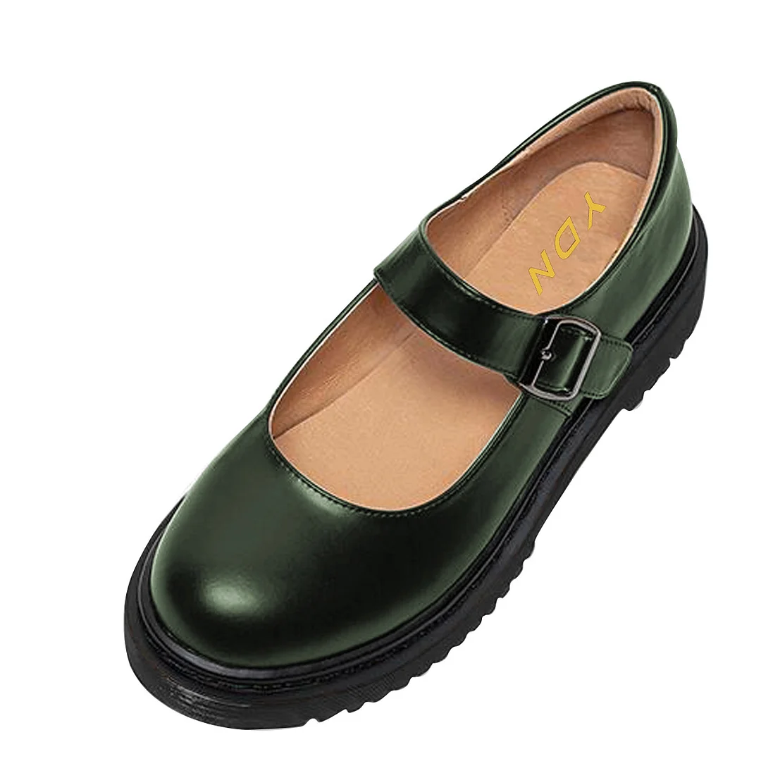Dark Green Vegan Leather Round Toe Mary Jane Shoes with Bold Platform