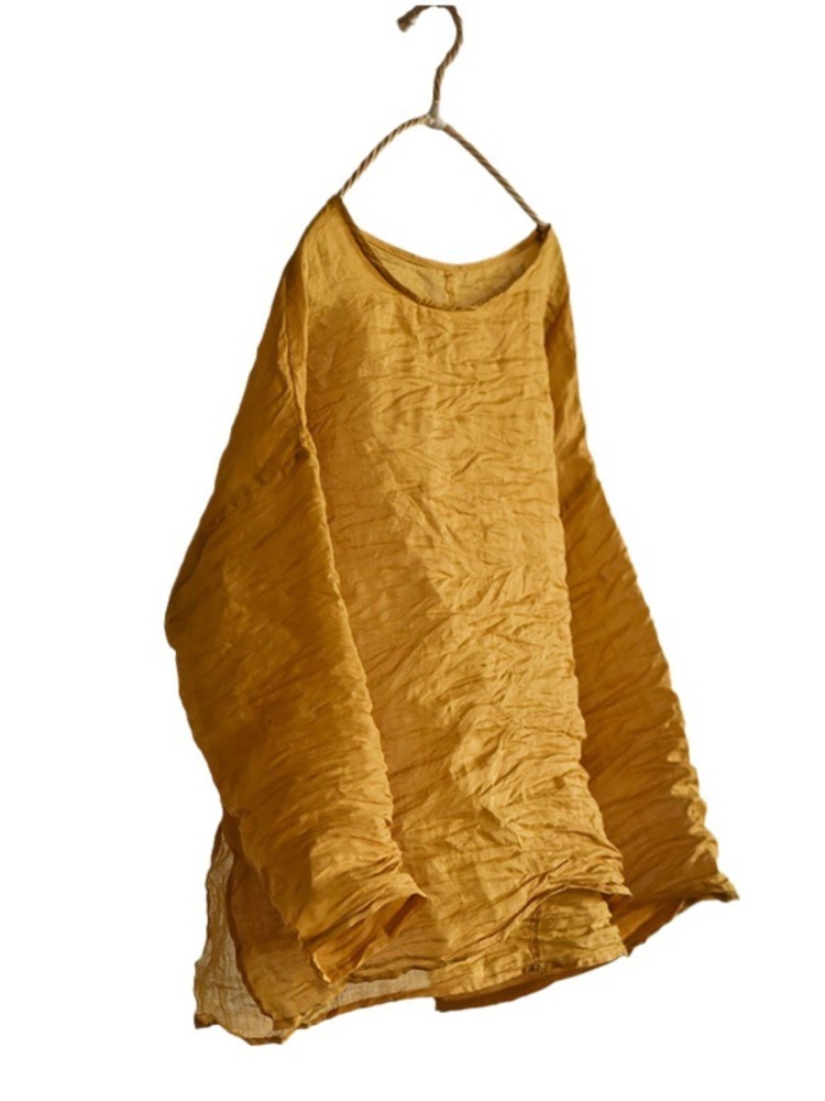 Original Design Handmade Women's Vintage Loose Thin Ramie Solid Color Blouse
