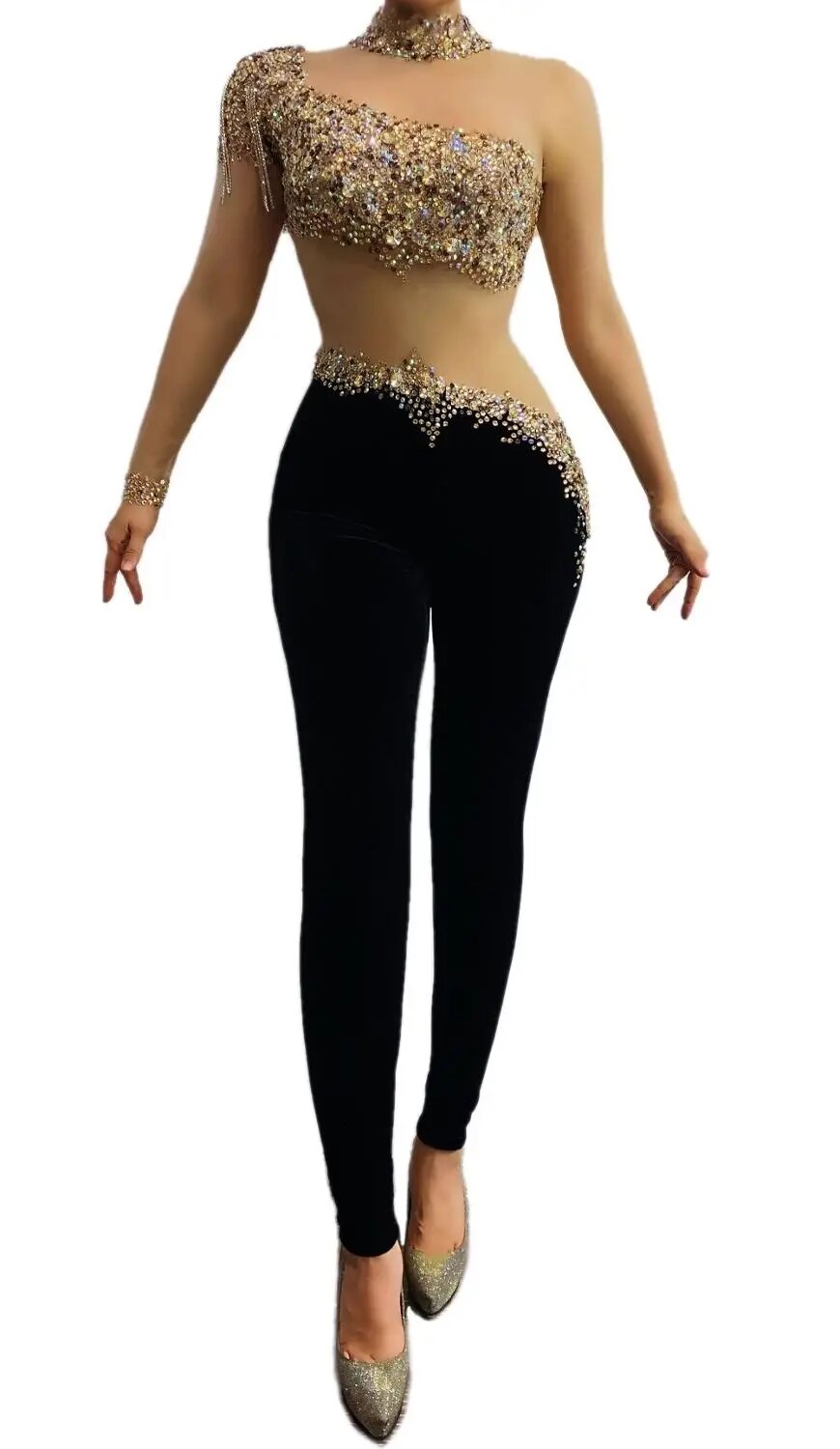 VCSHOES Transparent Single Shoulder Sleeve Rhinestones Mesh Velvet Jumpsuit Singer Dancer Stage Wear Birthday Prom Skinny Jumpsuits