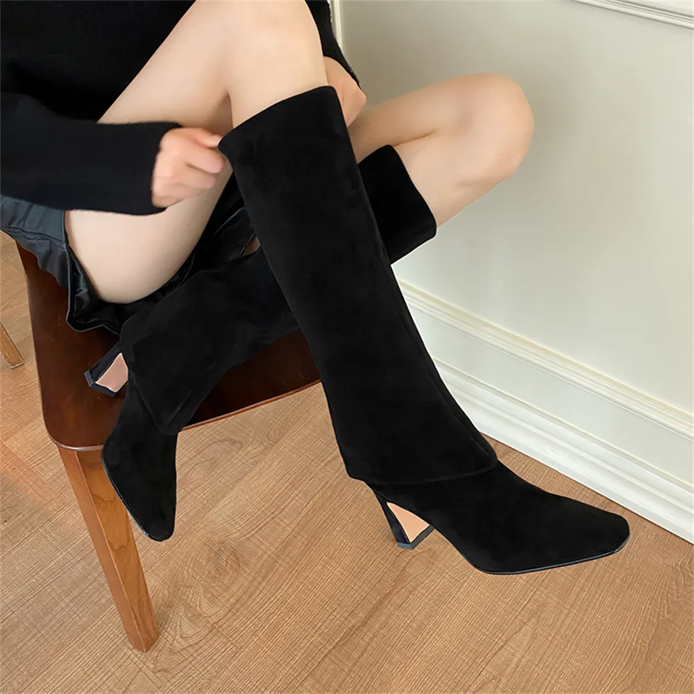 70mm Block Heel Mid-tube Fashion Boots Black Suede-vocosishoes