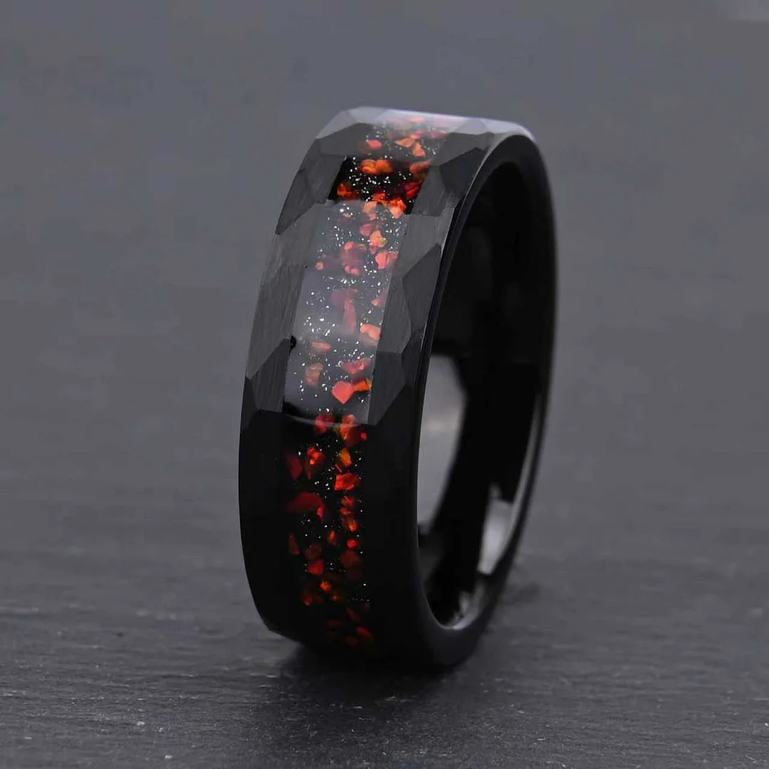 8MM Hammered Black Tungsten Carbide Rings Black Inlay and Red Opal Wedding Bands For Women and Men