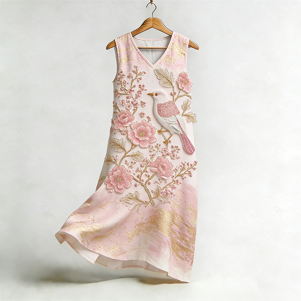 Vintage Birds Floral V Neck Flowy Linen Tank Dress wearshes