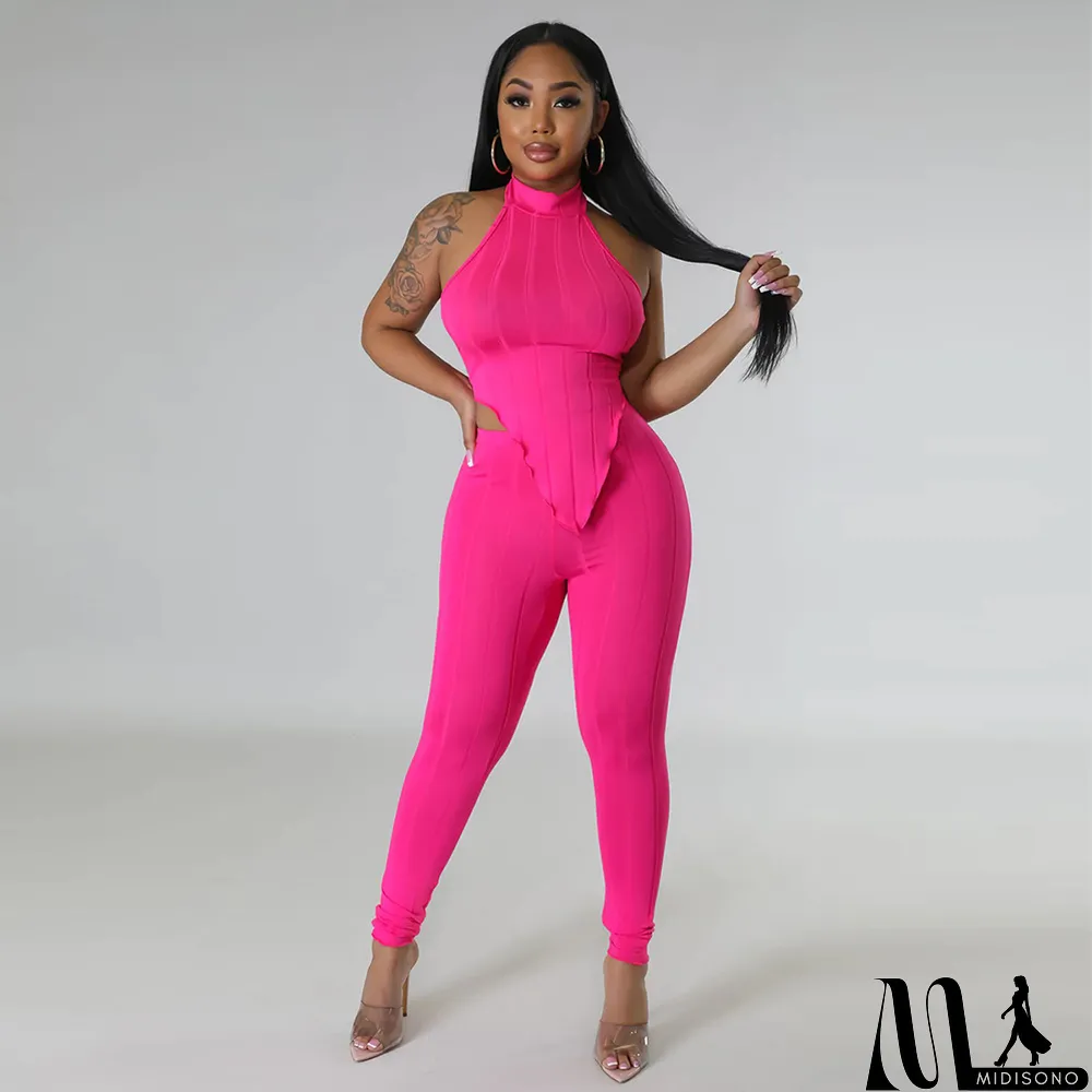 MidiSono - Halter Neck Top Slim Pants Casual Two-piece Set