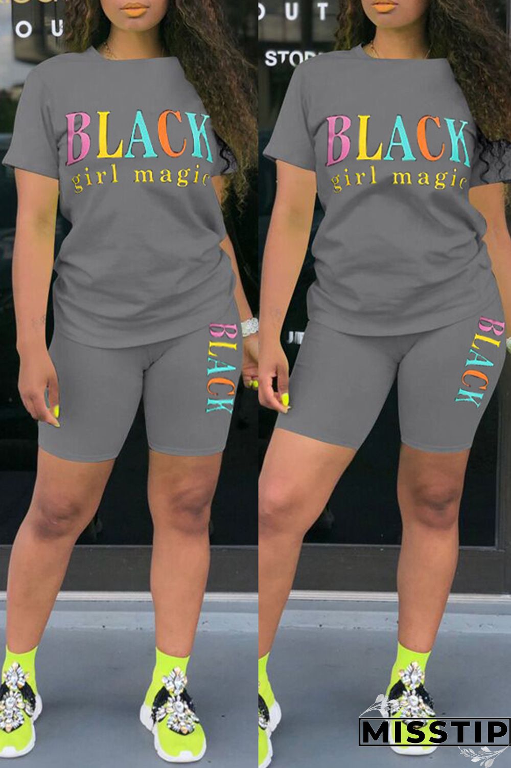 Blue Fashion Casual Letter Print Basic O Neck Short Sleeve Two Pieces