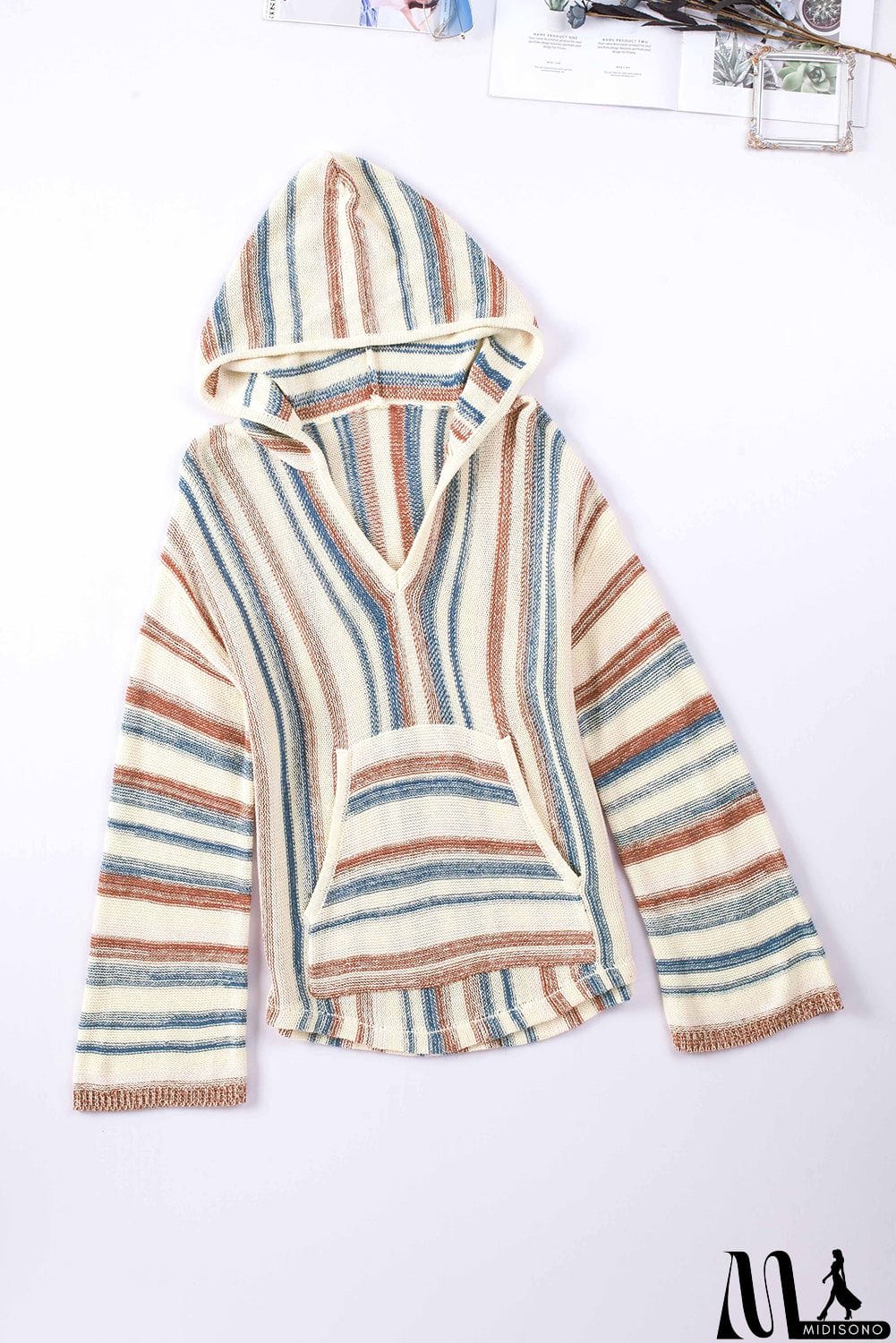 MidiSono - color Striped Knit Kangaroo Pocket Hooded Sweater