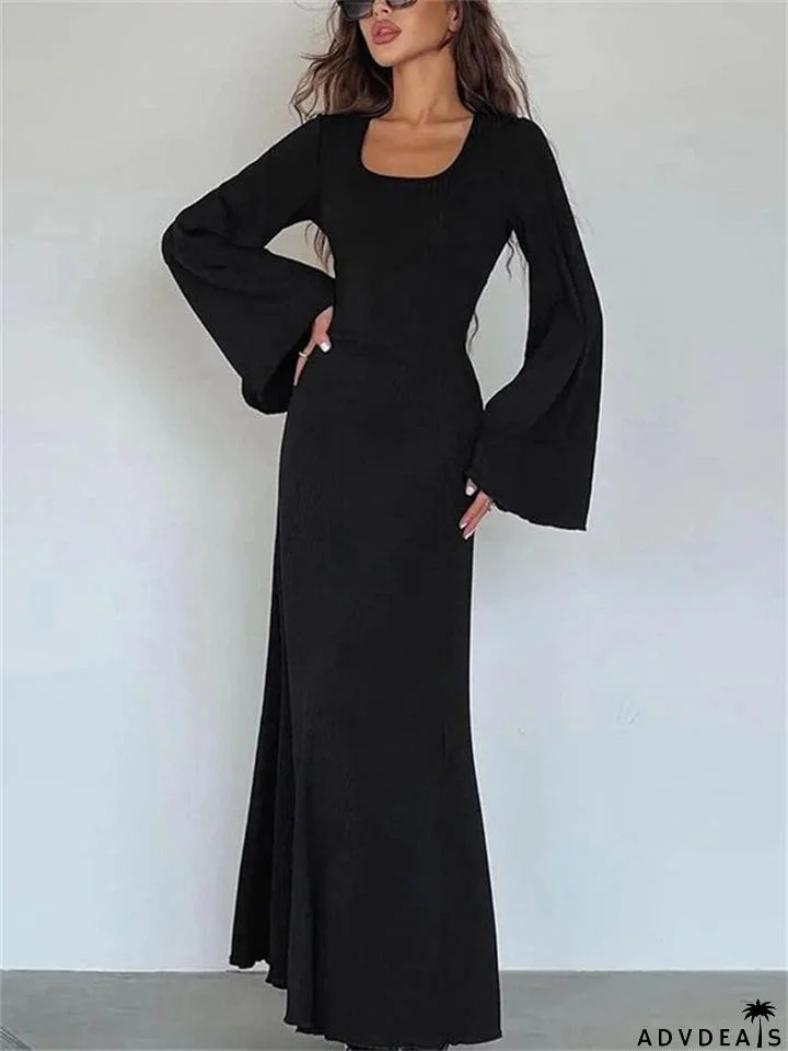 Ladies Elegant U-neck Flare Sleeve Strapped Dresses