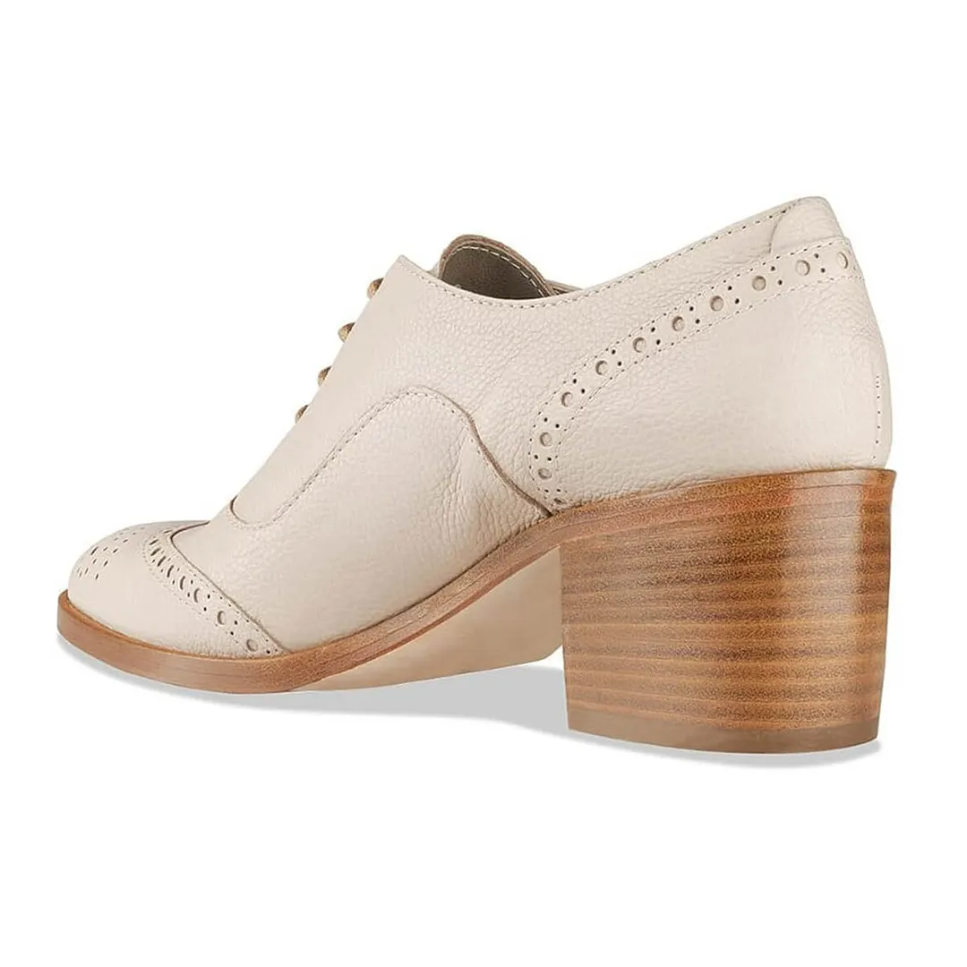 Beige Round Toe Lace-Up Block Heel Vegan Leather Oxford Shoes Women