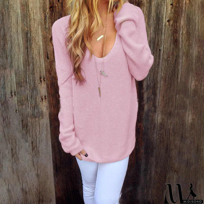 MidiSono - Women's Round Neck Long Sleeve Solid Color Knit Sweater
