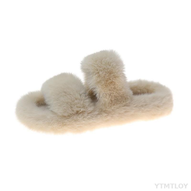 Winter Women House Furry Slippers Fashion Faux Fur Warm Shoes Slip On Flats Female Home Slides Black Plush Indoor Ytmtloy