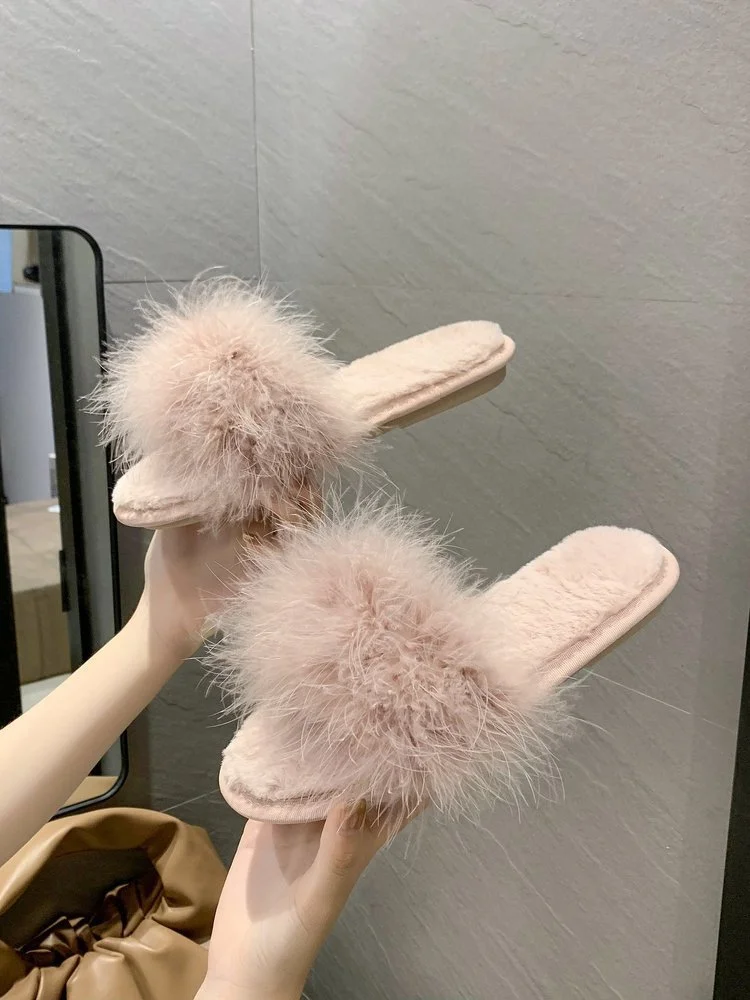 Wongn Wongn Cool Slippers Female Wear Ins Autumn Winter New Korean Version Of Fashion Casual Fire Chicken Feather Word Cool Drag Female