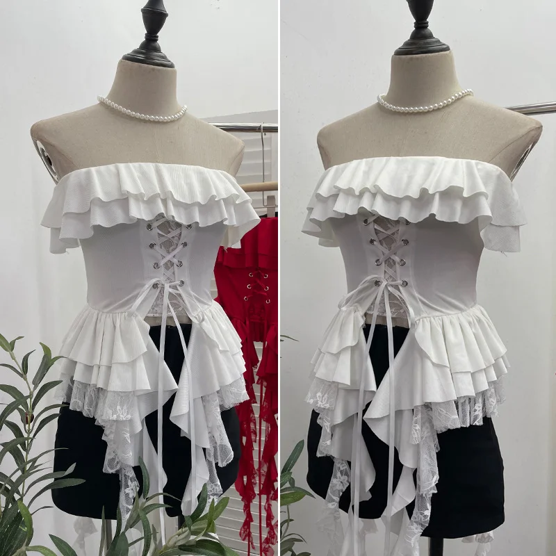 Nigikala Nigikala Shooting Hottie Belt Lotus Side Splicing Lace Bra Vest Word Shoulder Ribbon Short Coat 8013