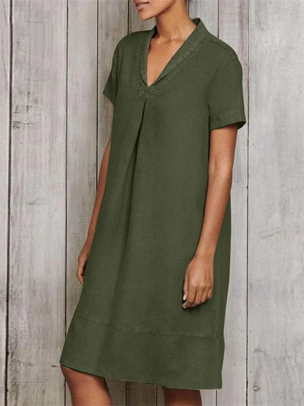 Women Short Sleeve V-neck Soild Midi Dress