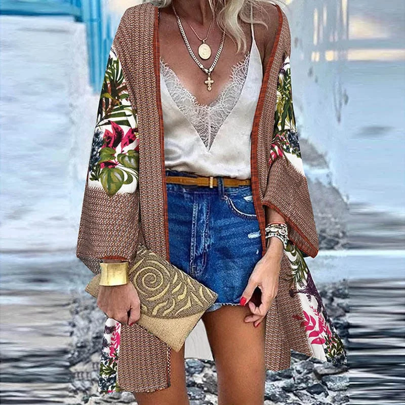 ZANZEA Women Summer Open Front Long Sleeve Blouse Kimono Bohemian Floral Printed Cardigan Vintage Blusas Casual Loose Beach Tops