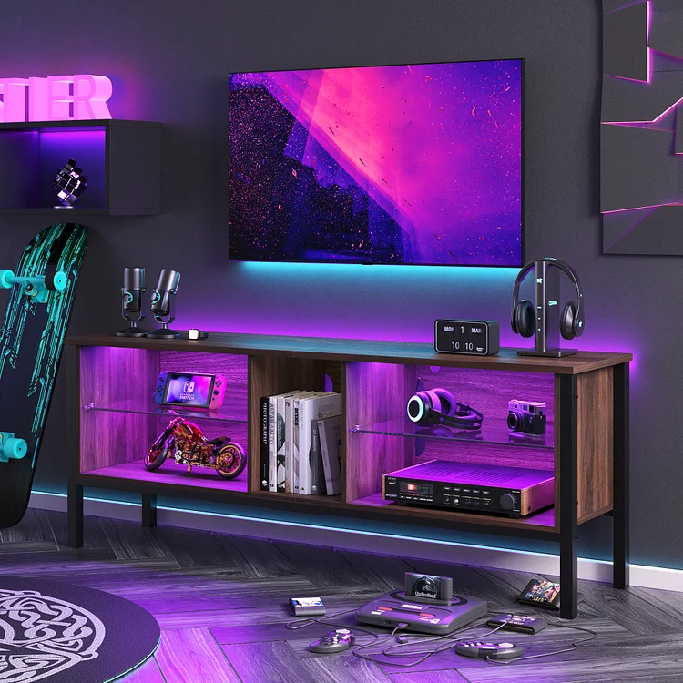 Bestier Modern TV Stand for TVs up to 70", Console Table with RGB LED Ligths & Open Storage, Walnut