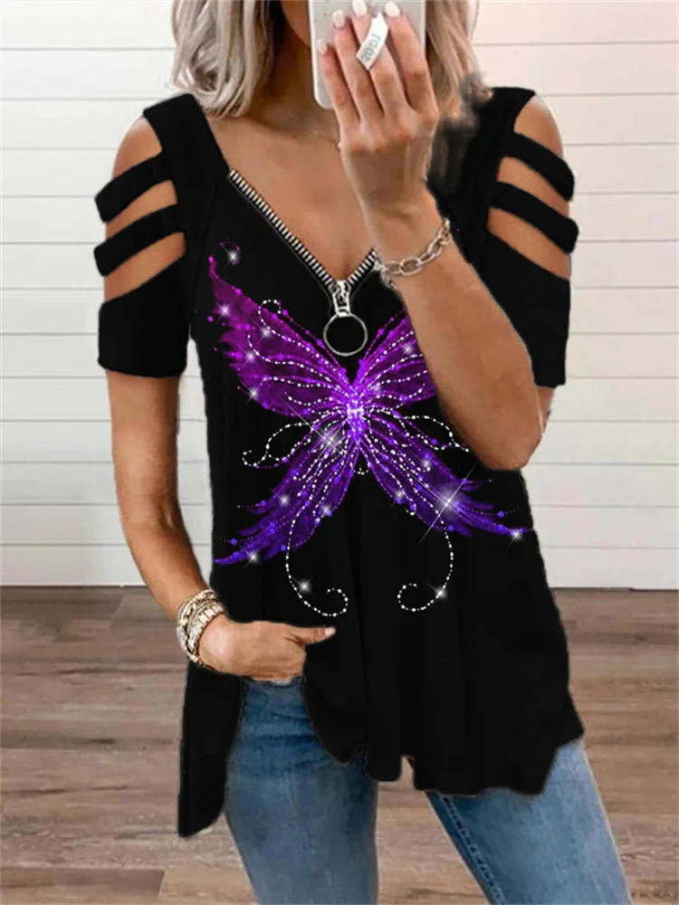 Classy Fairy Butterfly Glitter Hollow Shoulder T Shirt