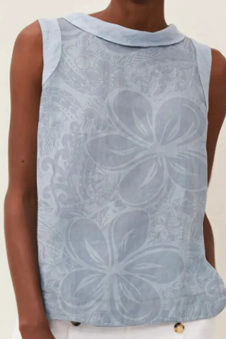 Sleeveless Boho Floral Print Boat Neck Casual Linen Tank Top