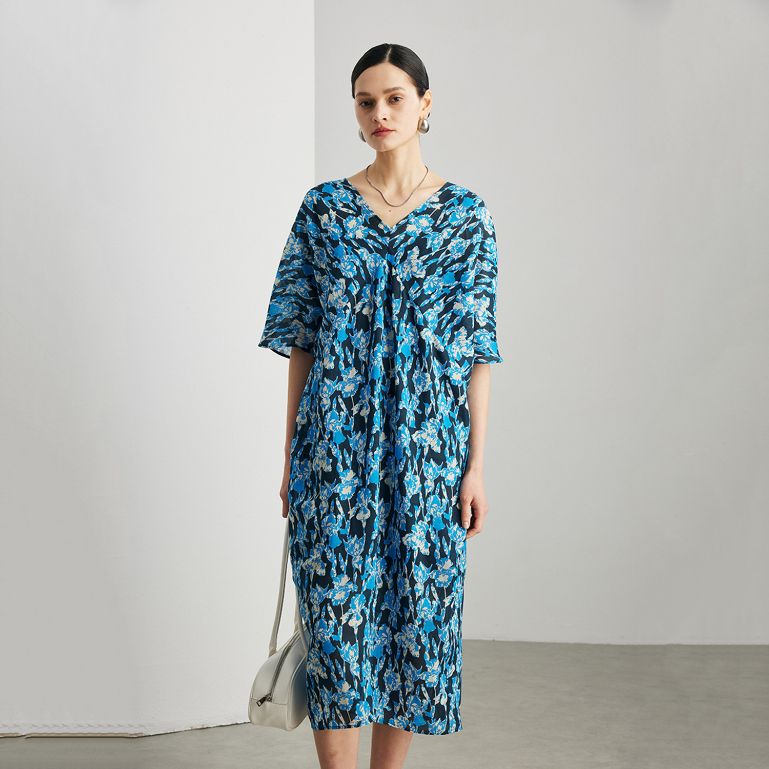 Linen Midi Dress Women 100% Ramie Floral V Neck Summer Dress Breathable REAL SILK LIFE