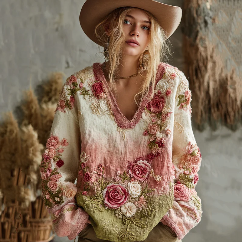 Love & Health Collection Retro Western Women Style Vintage Rose And Floral Patchwork Art V Neck Linen Shirt