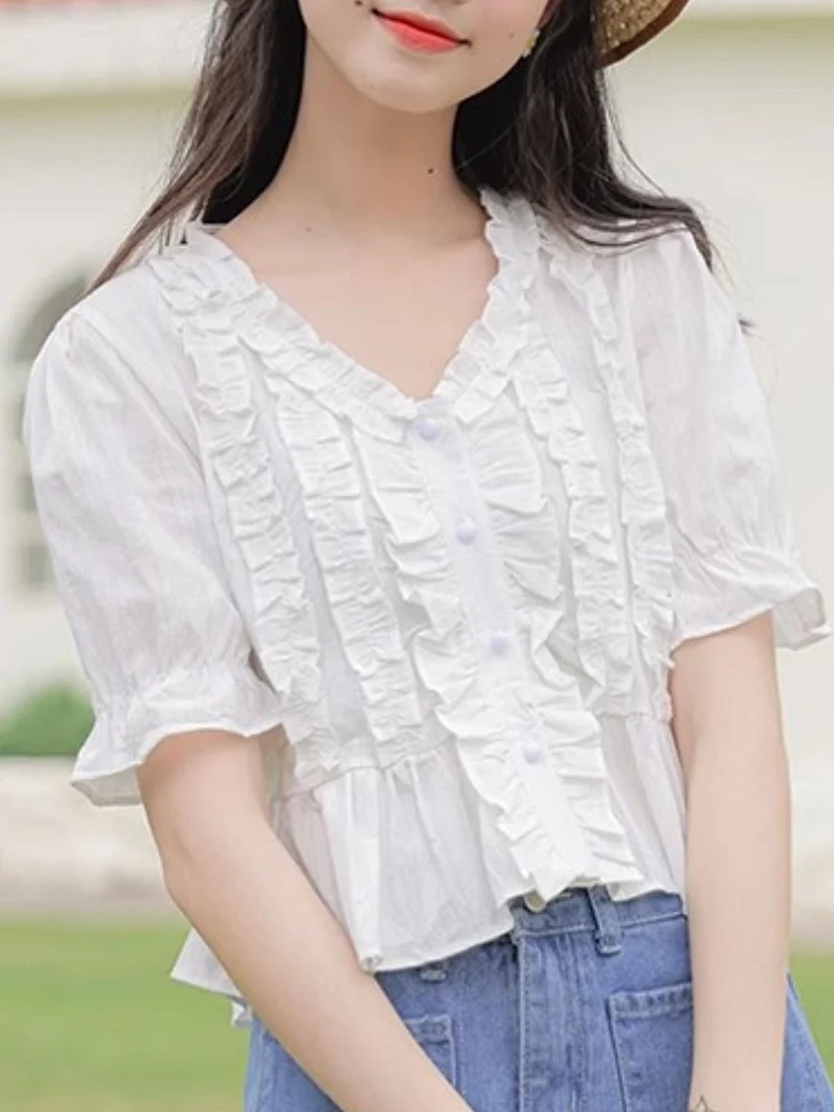 Ruffled Puff Sleeve Shirt-White