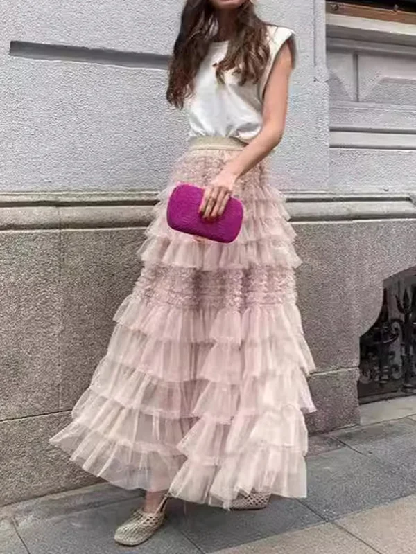 Solid Color Mesh Rufflrd Pleated A-Line Long Skirts