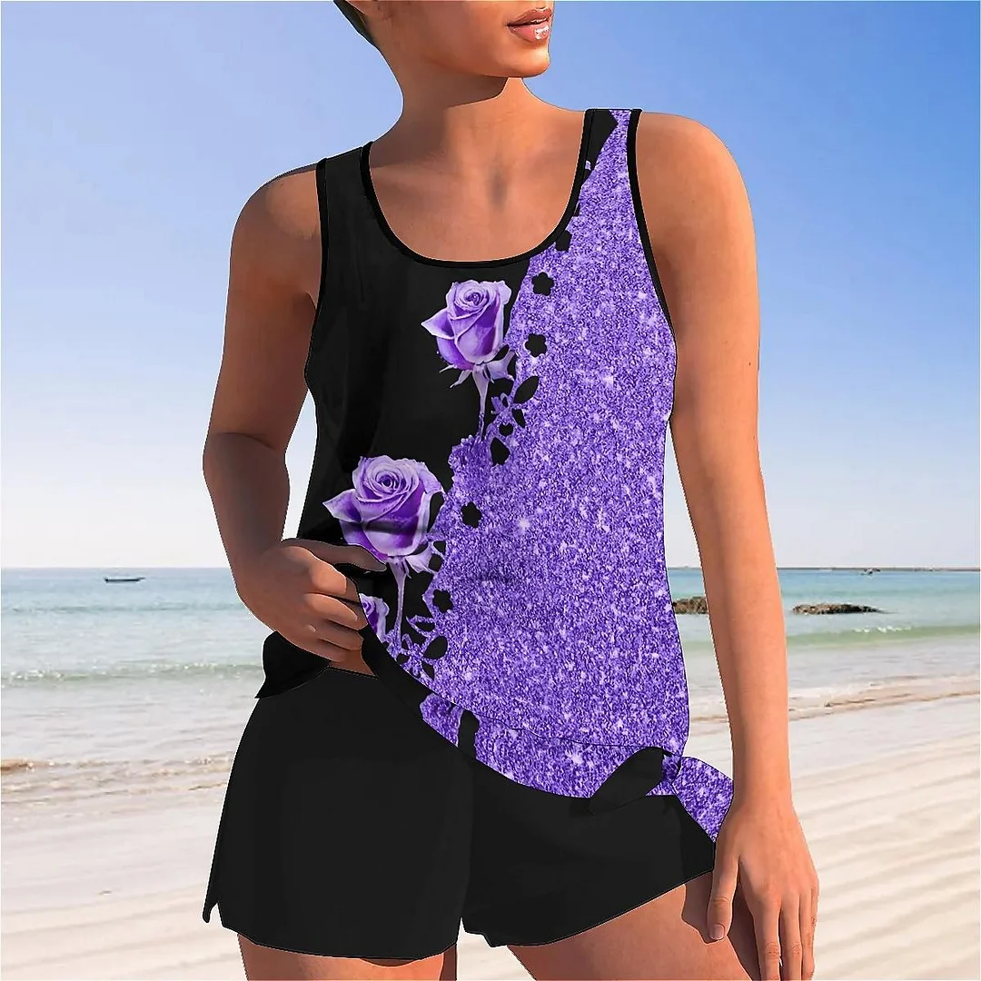 Bowknot Purple,Floral,Glitter Mid Waisted Tankini Set - Plus Size Available