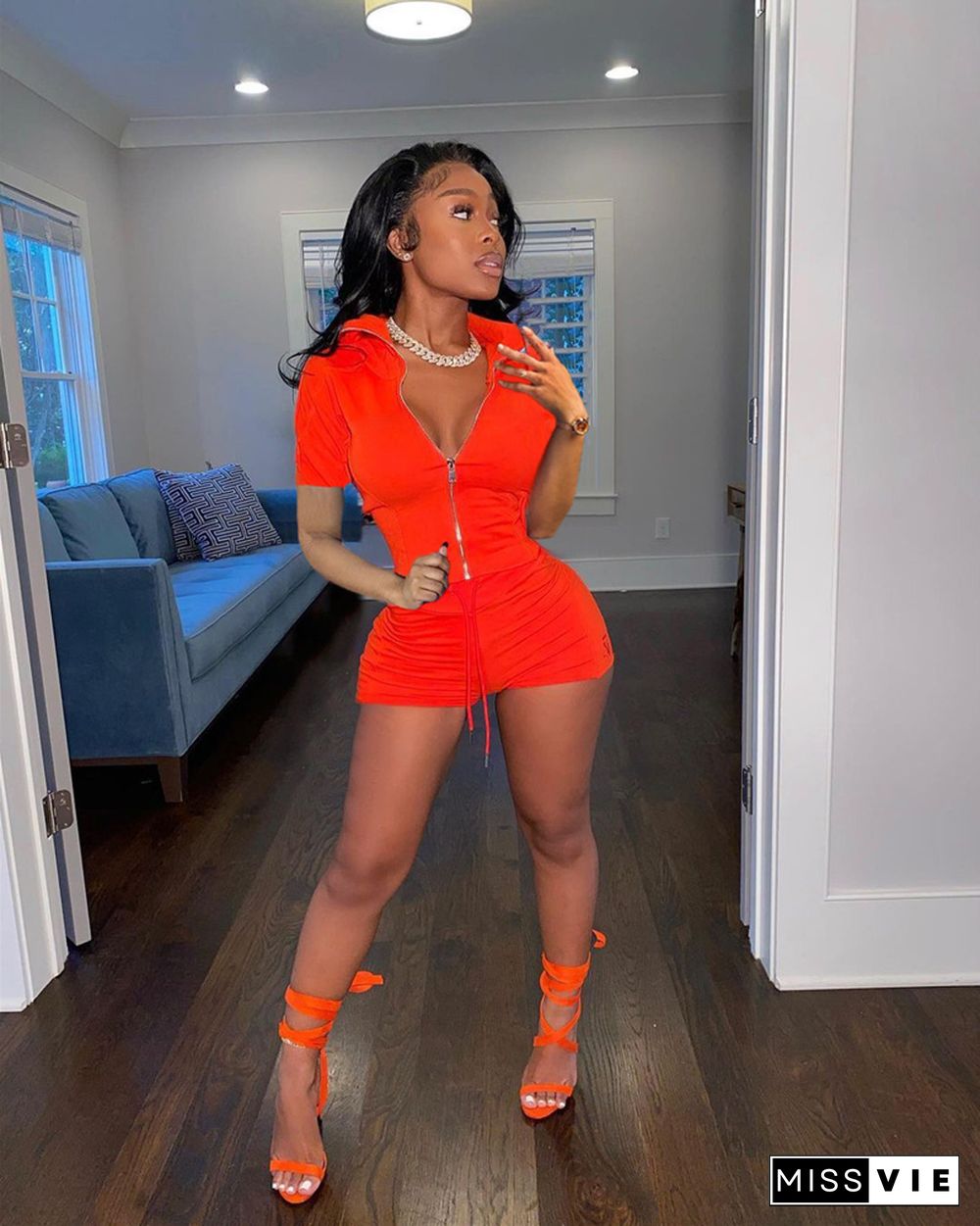 Short Sleeve Zipper Up Top Biker Shorts Tracksuit