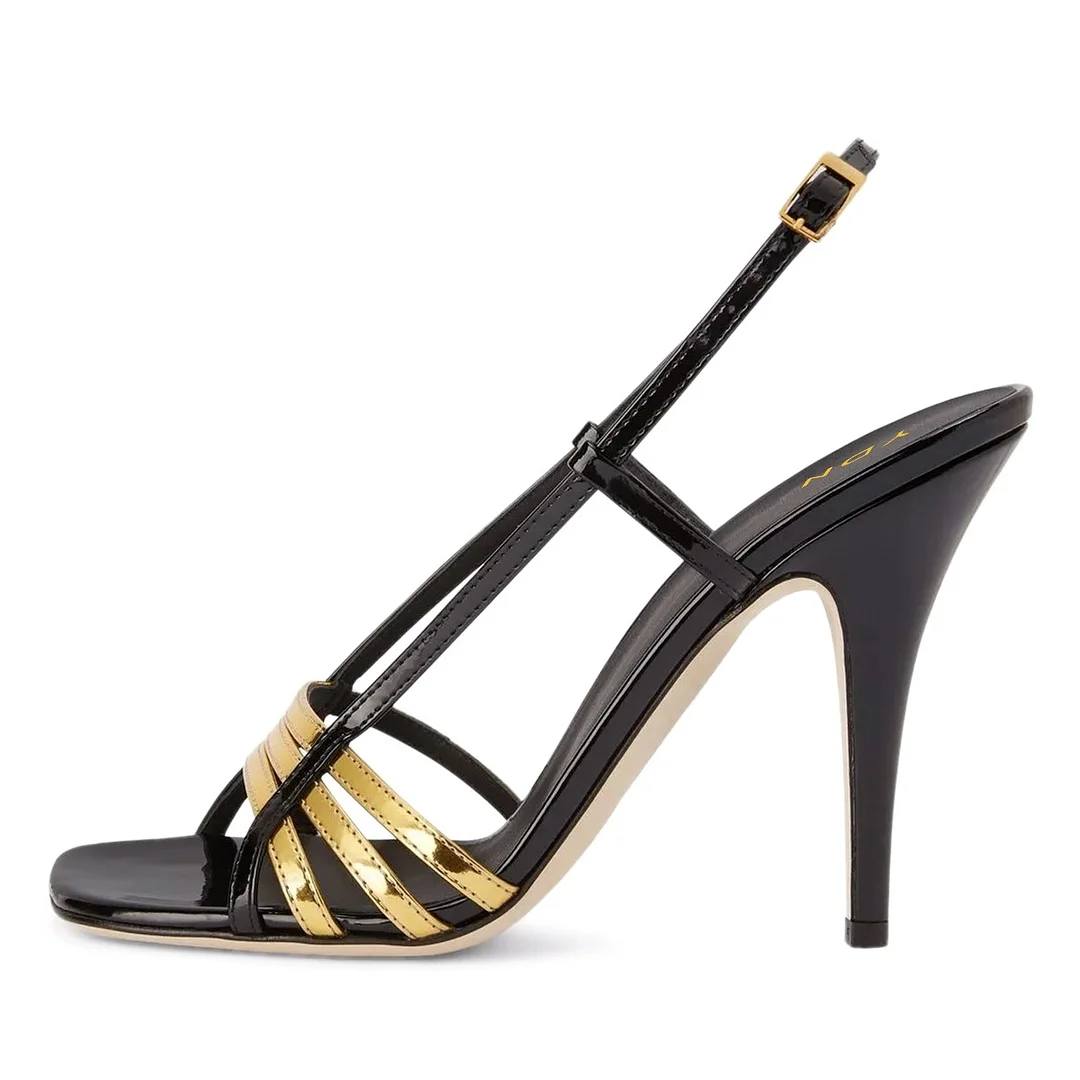 Black & Gold Square Toe Stiletto Heel Slingback Buckle Women's Sandals
