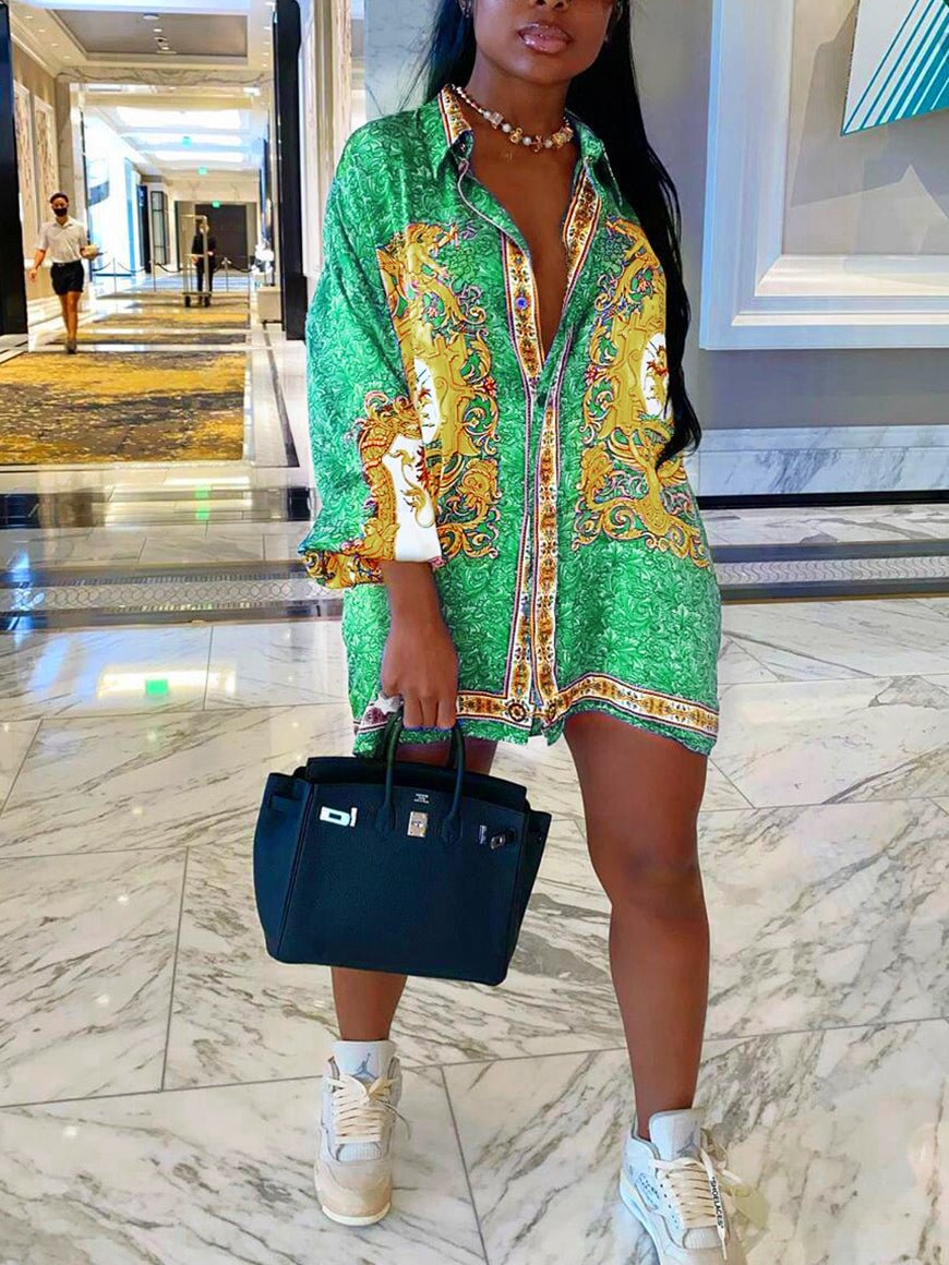 Printed long sleeve loose plus size shirt skirt