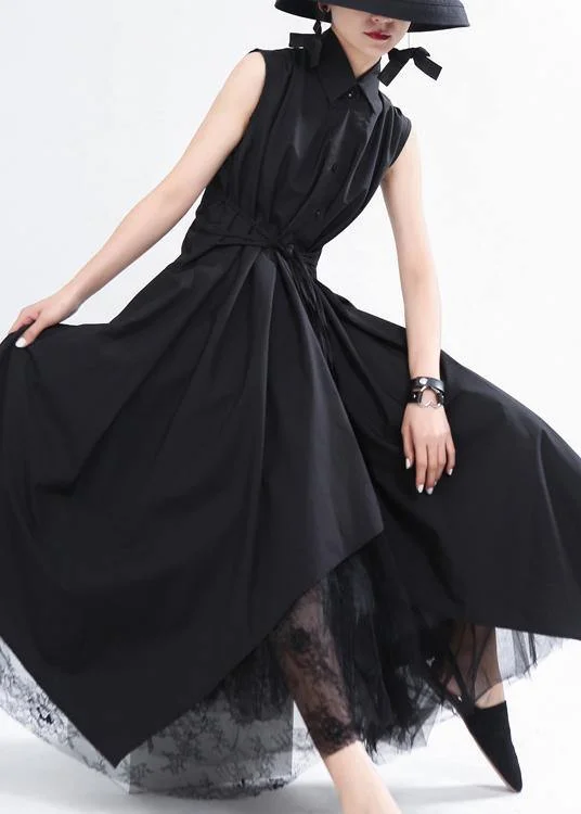 Fashion Black asymmetrical design Long Summer Chiffon Dress