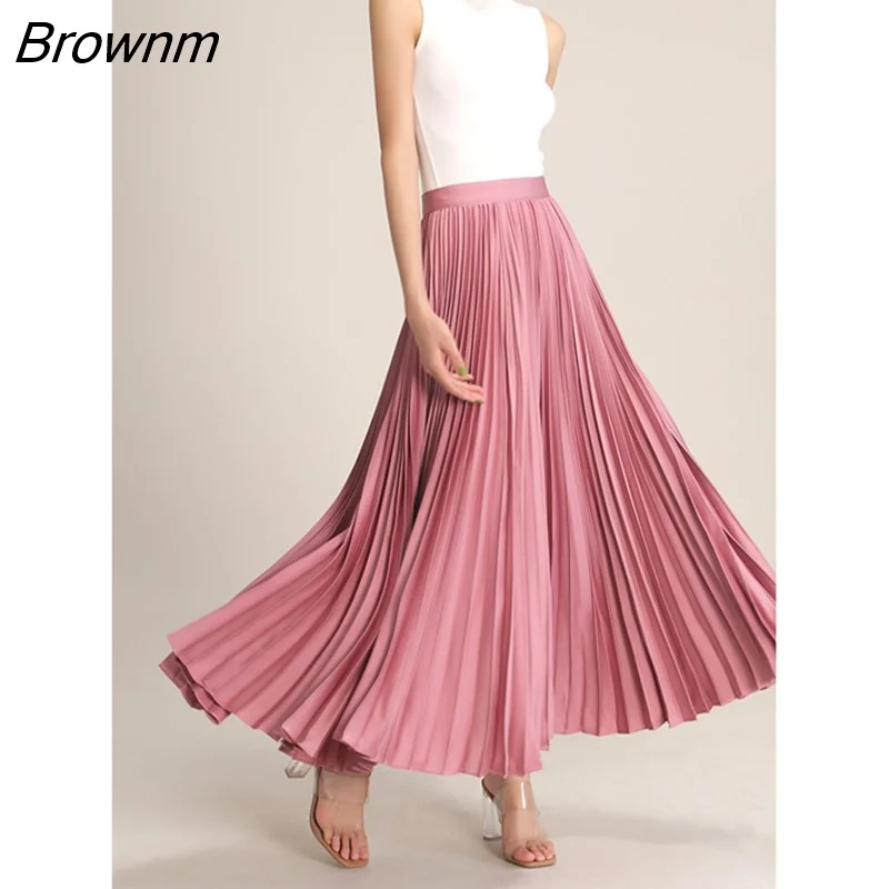 Brownm Autumn/Winter High Waist Solid Color Lotus Pink Pleated Skirt Retro Style Big Hem Ankle-length Skirt High Quality Elegant